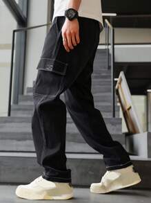 Manfinity Hypemode Men's Flip Pocket Drawstring Waist Straight Leg Cargo Pants Baggy Long Slacks Plain Black Going Out, Back To School