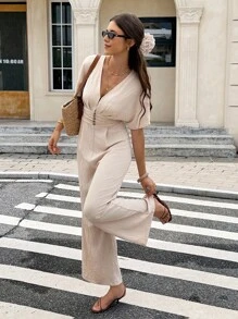 女式纯色简约V领短袖连体裤，日常穿着 - 杏色 - 查看 1