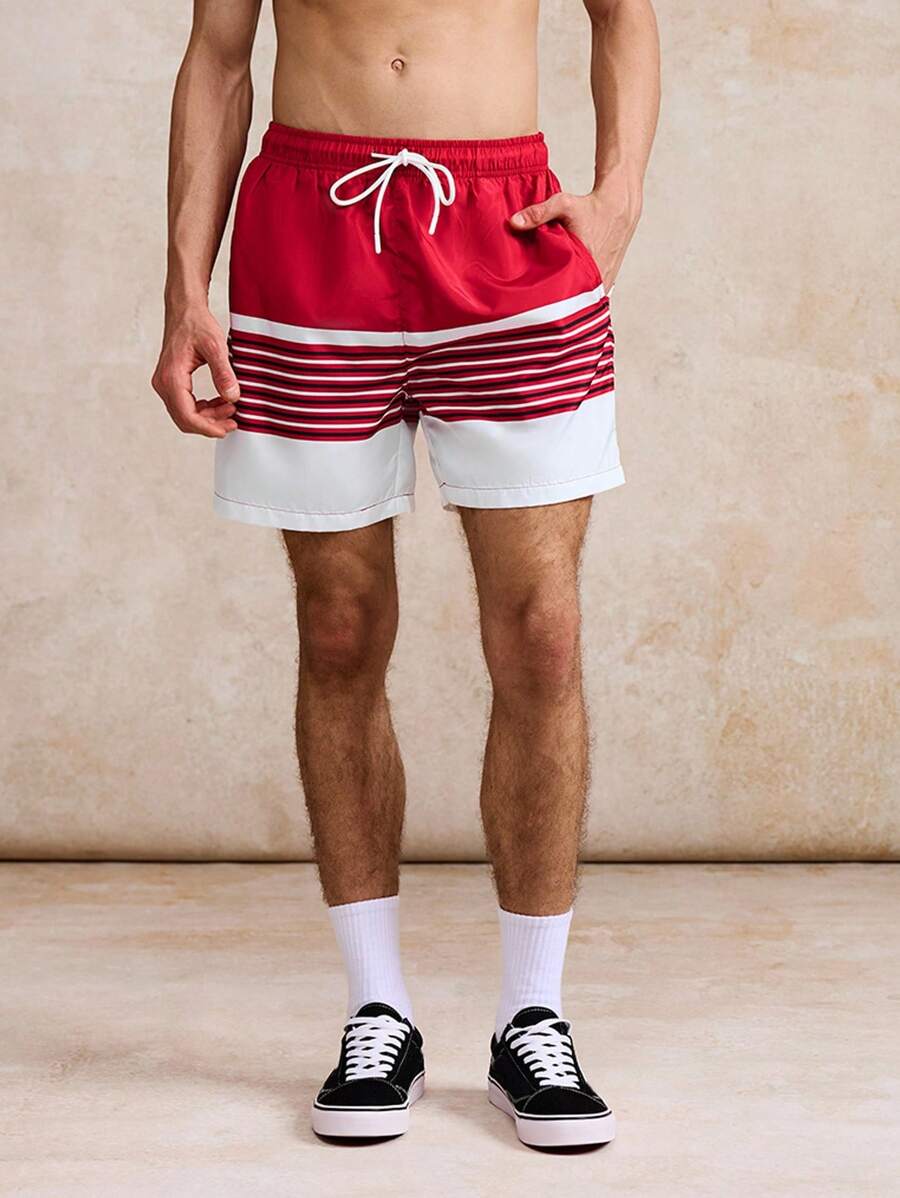 Surfspeed Men's Striped Print Drawstring Waist Beach Shorts - Red - View 1