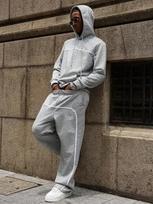 PAVTROS Manfinity Streetrush Men's Street Style Gothic Letter Print Drawstring Hoodie Set ,Fall Clothes - Grey - View 1