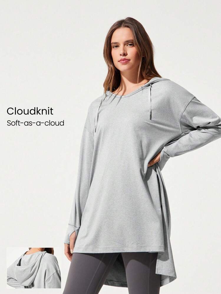 Cloudknit Soft Oversized Hip Length Adjustable Drawstring Long Sleeve Sweatshirt With Thumbholes Daily Casual  Spring Summer