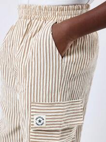 SUMWON Pantalon cargo rayé pour jeunes, taille élastique, coupe décontractée, poches, beige, confortable et durable, pantalon long pour l'été et le printemps
