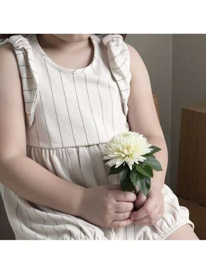 Loomiva Baby Girl Solid Color Round Neck Sleeveless Bodysuit With Bow Decor Baby Bodysuit Baby Summer Bodysuit Striped Baby Bodysuit Linen Baby Bodysuit