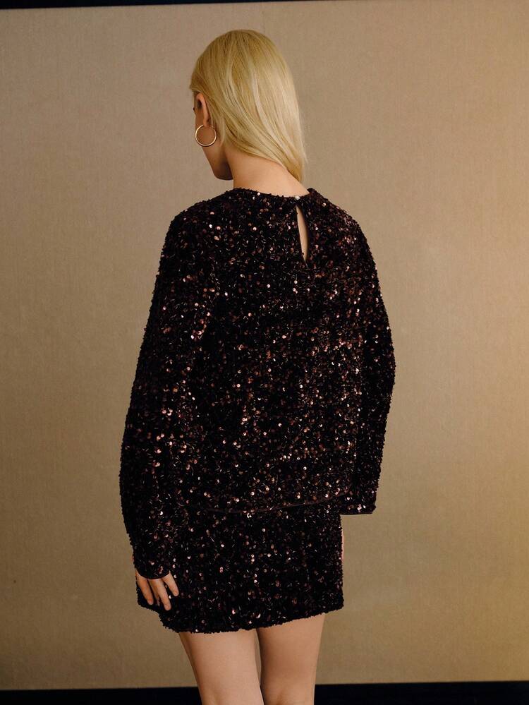 2PCS WOMEN'S VELVET SEQUIN TOP AND MINI SKIRT SET