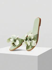 MOTF STEREO FLORAL SQUARE TOE FLAT SANDALS FOR CHRISTMAS - Green - View 9