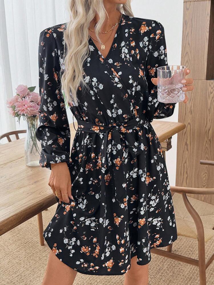 Women's Floral Print Overlap V-Neck Lantern Sleeve Fashionable Mini Dress Long Sleeve Floral Dress Elegant Floral Dress