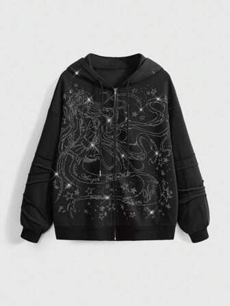 Sudadera con capucha de forro polar con abertura frontal sobredimensionada, decorada con estrellas de cristal, estilo de dibujos animados kawaii para mujer