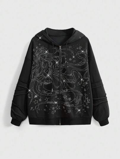 Kawaii Girl Cartoon Star Rhinestone Decor Oversized Open Front Hooded Fleece Sweatshirt For Women