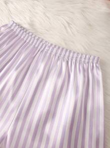 Tween GirlsClassic Striped Faux Silk Cardigan With Buttons, Bow Embroidered Pockets Short Sleeve Top Paired With Light Purple & White Striped Shorts With Black Trim, Home Outfit Set - Purple - View 5