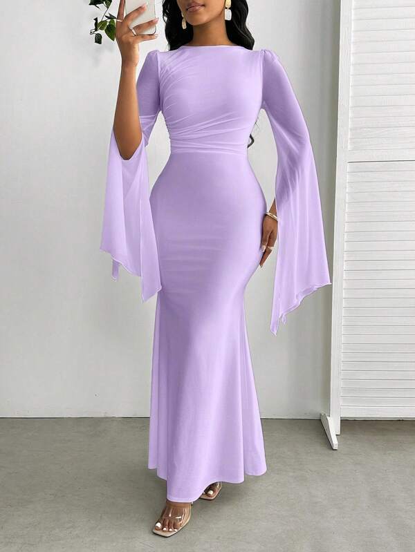 SHEIN Lady 2025 New Women's Solid Color Mesh Splicing Long-Sleeved Slim Dress Bodycon Fishtail Hem Elegant Dress