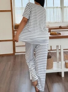 Lazeform Plus Size Striped Print Raglan Sleeve Casual Loungewear Pajama Set, Outfits - Light Grey - View 6