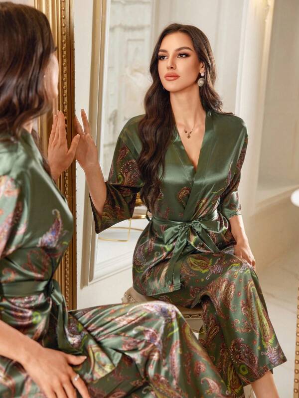 LuxeNights New Women's Faux Silk Printed Long Pants & 3/4 Sleeve Kimono Cardigan Pajama Set