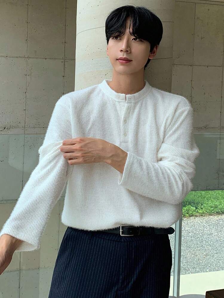 Men's Solid Color Textured Fabric White Half-Placket T-Shirt, Autumn Long Sleeve Men Shirt