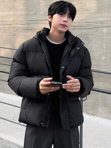 DAZY 男式纯黑色连帽加厚冬季夹克 - 黑色 - 查看 8