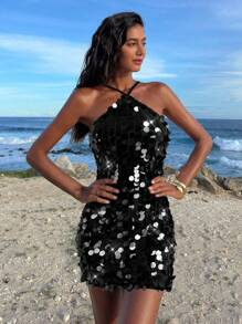 Opulessa 女式纯色串珠刺绣吊带紧身迷你连衣裙 - 黑色 - 查看 3