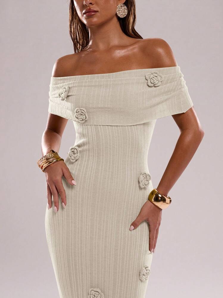 SHEIN BAE 1件女士性感露肩3D花卉半透明连衣裙 - 杏色 - 查看 7