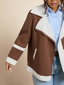 SHEIN LUNE Chaqueta de moto casual de talla grande con forro de piel sintética, para otoño/invierno - Caqui - Ver 9