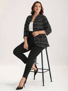 Comfylo 大码女式格子前开式七分袖西装套装 - 黑色 - 查看 5