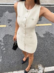 Serisse 女士休闲优雅仿珍珠纽扣粗花呢连衣裙，适合派对、秋季、冬季等各种场合，包括休闲、正式优雅场合，款式优雅大方，也适合夏季穿着，例如白色毕业礼服、日常穿着、外出、度假、教师装、商务休闲女装、早午餐装、办公室服装、万圣节服装、返校节礼服等。 - 杏色 - 查看 5