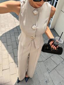 Siren Gaze 新款金属扣撞色女士西装套装，适合办公室穿着 - 杏色 - 查看 6