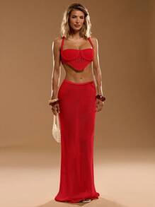 SHEIN BAE 女士休闲波西米亚风系带半身裙 - 紅色 - 查看 1