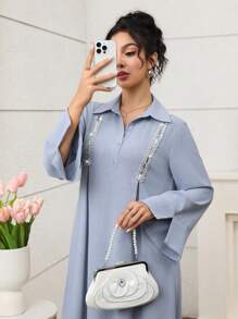 Yasmyna Women's Sequin Patchwork Long Sleeve Loose Arabic Style Dress Sequin Fall Women Clothes Traditional Arab Clothing Blue Dress