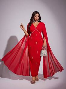 Viva Relle 大码女士优雅浪漫奢华派对、宴会、婚礼宾客、新年轻盈连衣裙，饰以钻石和珍珠，V领，雪纺泡泡袖，收腰设计，直筒廓形，长款连衣裙，秋冬款 - 紅色 - 查看 4