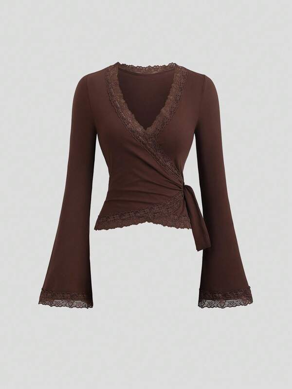 Sweetra Women's Lace Cross Fitted Long Sleeve T-Shirt, Brown V Neck Top, Fall Women Clothes