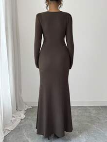 Elenzga Vestido elegante y romántico con cuello cuadrado y volantes en el bajo para vacaciones y uso diario para mujeres - Café - Ver 2
