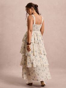 SHEIN VCAY 大码女式花卉印花荷叶边分层细肩带连衣裙，假日风格 - 彩色 - 查看 3