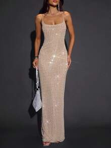 SHEIN BAE Autumn Solid Khaki Rhinestone Crystal Shiny Spaghetti Strap Round Neck Bodycon Backless Sexy Elegant Women's Dress, Suitable For Party, Nightclub, Cocktail Party, Banquet, Night Out,  Glitter Dress, Party Dress - Khaki - View 3