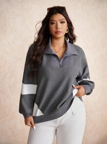 Elaquor Maglione oversize da donna casual e minimalista, in stile streetwear, con patchwork a contrasto di colore e lavorazione a nido d'ape, morbido e ampio, con mezza chiusura lampo, adatto per autunno/inverno - Grigio Scuro - Visualizzare 3