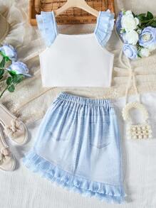 Tween Girls' 2pcs/Set Ruffled Hem Camisole Top And Denim Effect Skirt, School, Campus, College - Light Wash - View 2