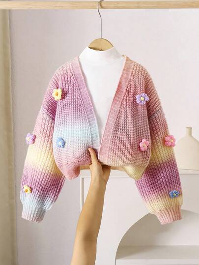 彩虹手工花针织开衫毛衣，女童可爱短款灯笼袖毛衣外套