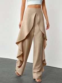 EURMUSE Quần dài cạp cao có khóa kéo, xếp nếp, dáng rộng thoải mái/thanh lịch cho kỳ nghỉ hè - Màu be - Xem 5