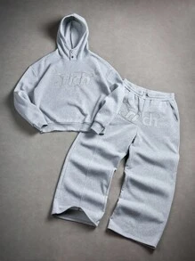 Manfinity EMRG Men's Casual Sports Street Letter Embroidery Half-Button Hoodie Shirt And Loose Wide-Leg Sweatpants Set - Light Grey - View 6