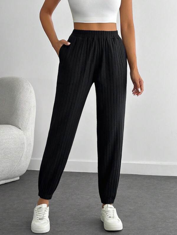 SHEIN PETITE Petite Size Solid Elastic Waist Pocket Sweatpants
