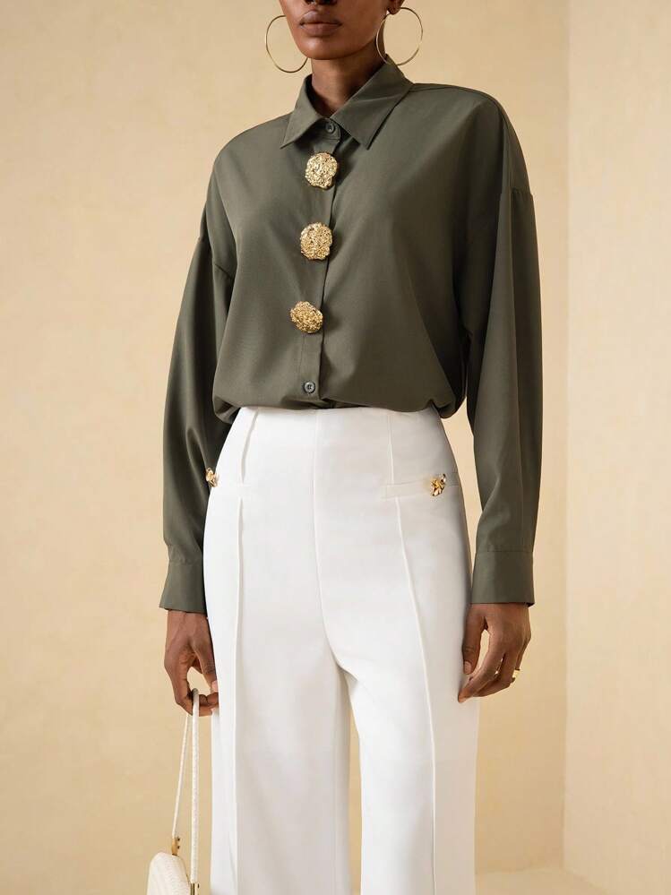 Vesra 女式休闲落肩长袖金属纽扣装饰衬衫 - 橄欖綠 - 查看 2