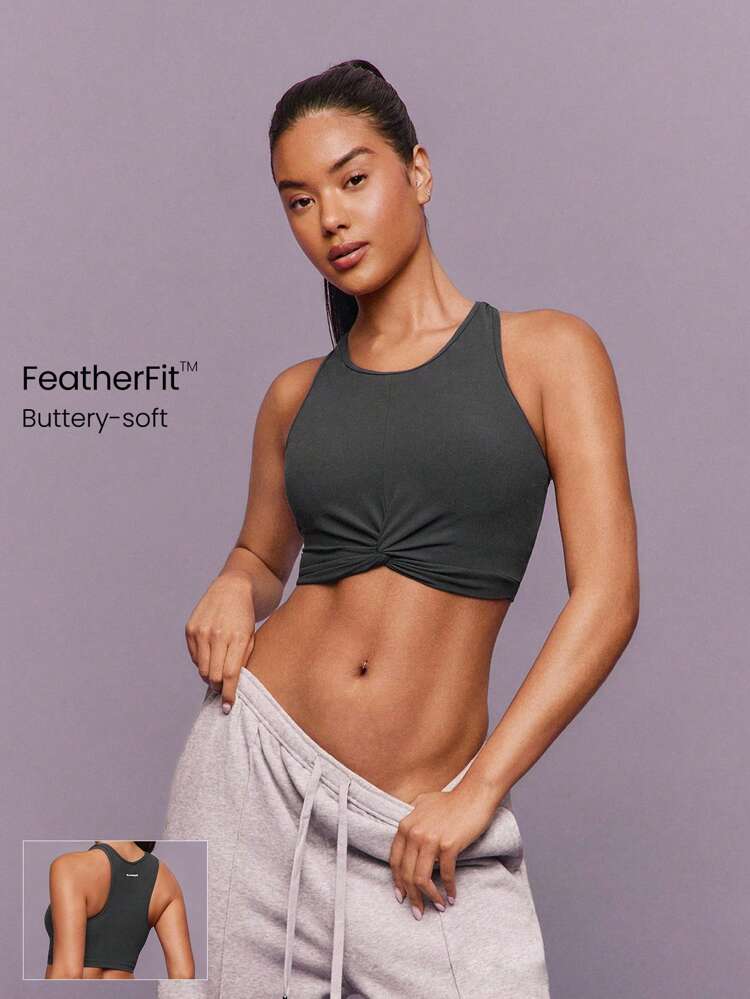 FeatherFit™ Twist And Flow Soft Stretchy Sweat-Wicking Removable Cups Racerback Twist-Front Cropped Tank Top Top Low-Impact Yoga Pilates Barre Gym Studio Daily Casual Wear  Spring Summer