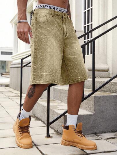 Street Life Men's Pocket Flare Leg Sparkling Rhinestone Denim Shorts