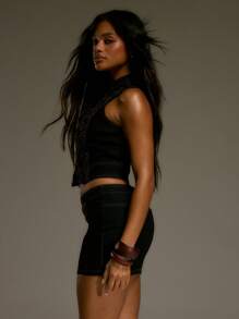 MUSERA Contrast Stitch Embroidered Zip Front Fitted Denim Crop Top Western Country Streetwear Festival Elegant Y2k Sexy Cute 90's Boho Midwest Winter  Chic Spring Summer - Dark Wash - View 3