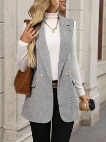 EMERY ROSE 女士纯色简约无袖西装外套，适合日常秋季穿着，包括女士西装外套、女士套装、商务休闲女装、秋季女装、教师装、办公室女装、教师制服、灰色西装外套。 - 黑與白 - 查看 7