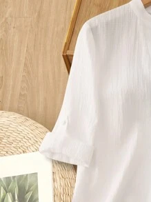Rusticease 女款V領素色紋理面料休閒夏季襯衫 白色V領女裝上衣 女款亞麻襯衫 白色女裝上衣 秋季女裝 商務休閒女款鈕扣襯衫 女款鈕扣襯衫 女款夏季襯衫 V領女裝上衣 秋季女裝 秋季女裝 秋季女款 - 白色 - 查看 4