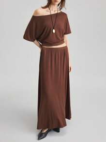 Ontre 女士教师套装，独立日风格，针织材质，粘胶纤维，棕色，四向拉伸，弹性针织面料，不对称肩部设计，两件套裙装，女士套装，极简主义设计，夏季服装，日常服饰，2025年新品 - 棕色 - 查看 8