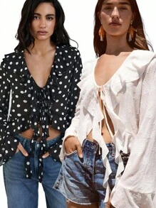 Maija 2025 年夏季新款奶油黄色浪漫荷叶边饰边、系带腰带、不对称下摆、提花纹理面料女式吊带背心，现代优雅休闲办公室日常穿着，适合婚礼宾客、工作、旅行、派对、乡村街头风格、独立日、约会、返校、Y2K 秋季 - 白色 - 查看 3