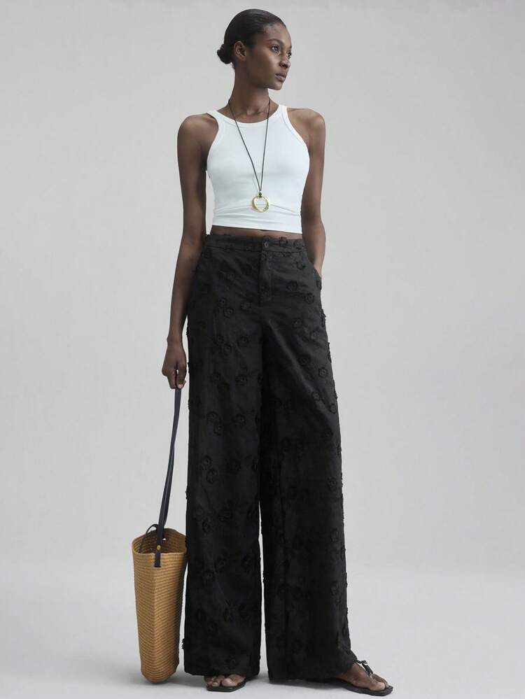 Women's Floral Textured Casual Pants, Suitable For Urban Commute, Business, Leisure, Elegant, Office Wear, Teacher Attire, Autumn/Winter