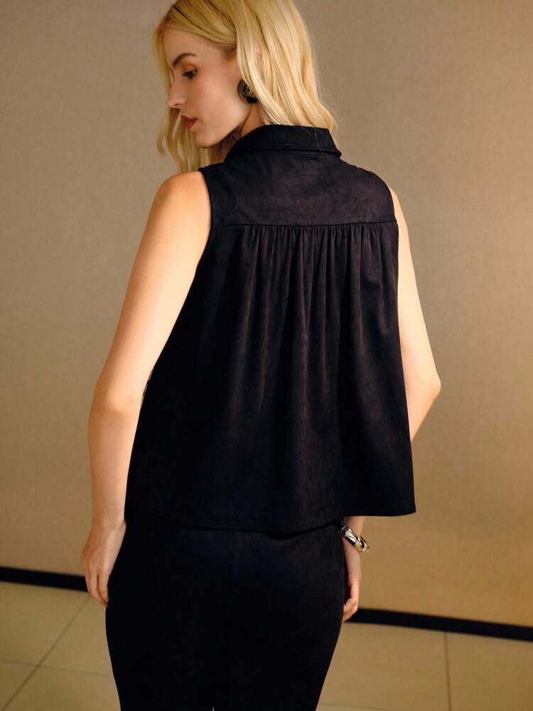 SUEDETTE EMBROIDERY DETAIL BUTTON UP VEST TOP