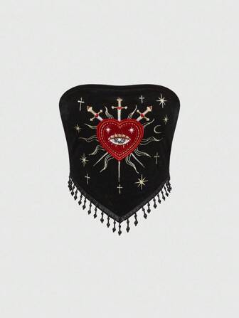 Goth Top tubo de terciopelo para mujer con dobladillo con borlas con cuentas de estrella, cristal de gota de lágrima y bordado de corazón, estilo palacio gótico