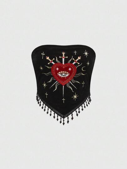 Gothic Palace Style Heart Embroidery, Rhinestone, Crystal Teardrop, Star Beaded Tassel Hem Velvet Women Tube Top