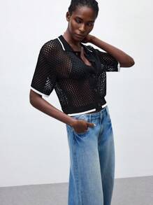 Maija 女士宽松蝙蝠袖圆领镂空针织开衫，商务休闲，适合音乐节，波西米亚风格 - 黑色 - 查看 4